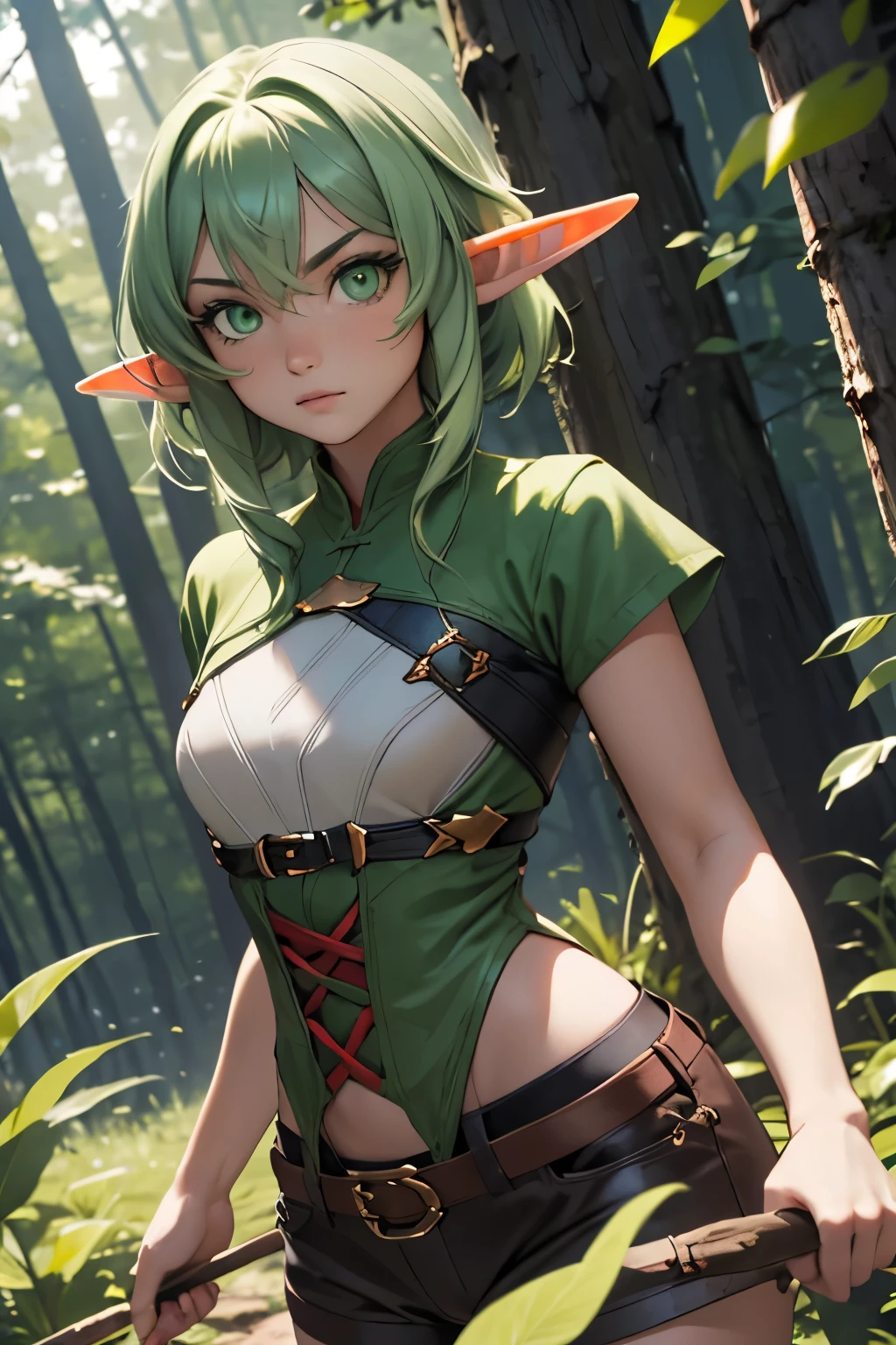 high quality, masterpiece, Best quality, 1 girl, elf, pointed ears, short hair, green eyes, green hair, the forest, on open air,