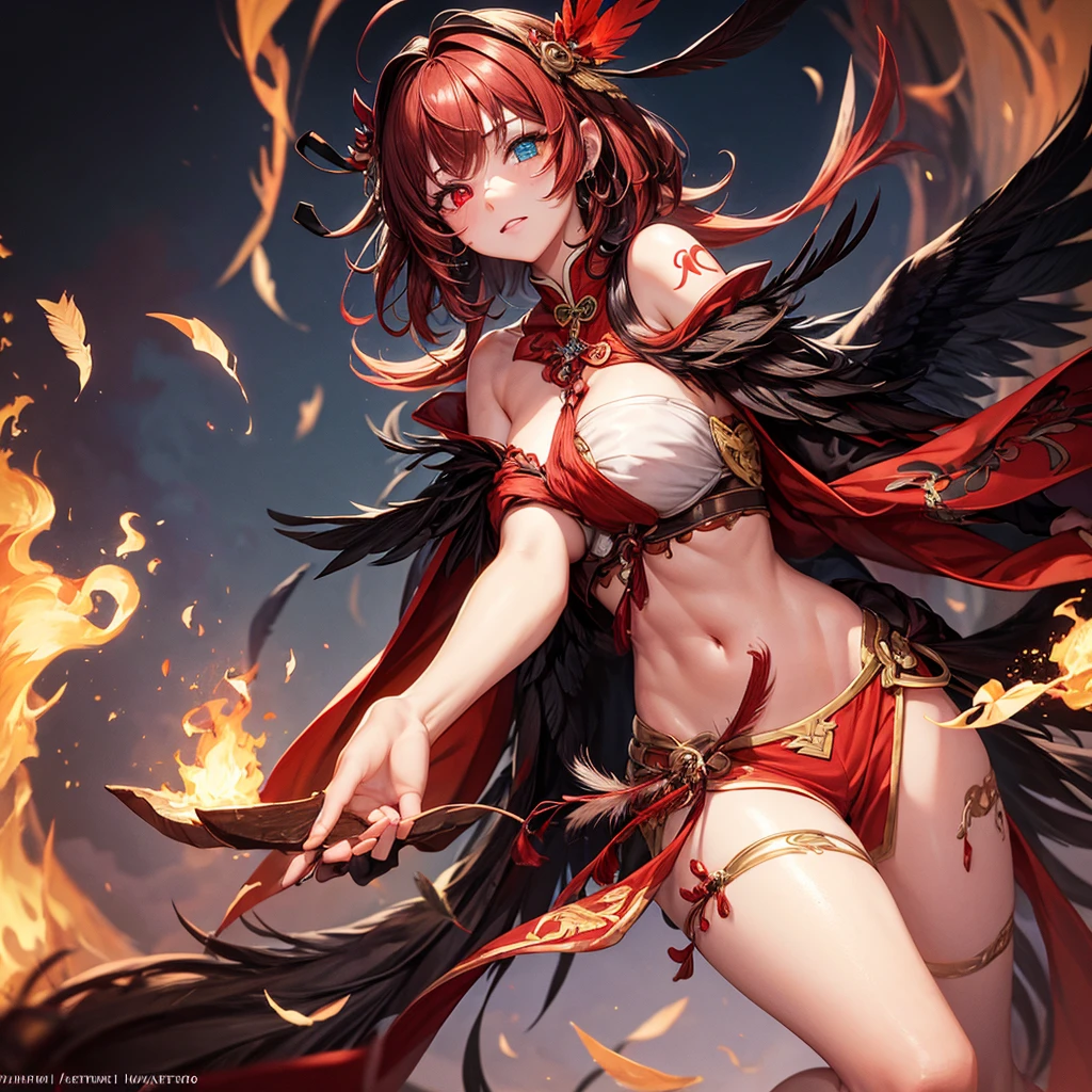 A fiery red-haired flame goddess wearing a flame undergarment is wielding a fiery whip with a flame spirit、Anatomically correct body、​masterpiece、realisitic