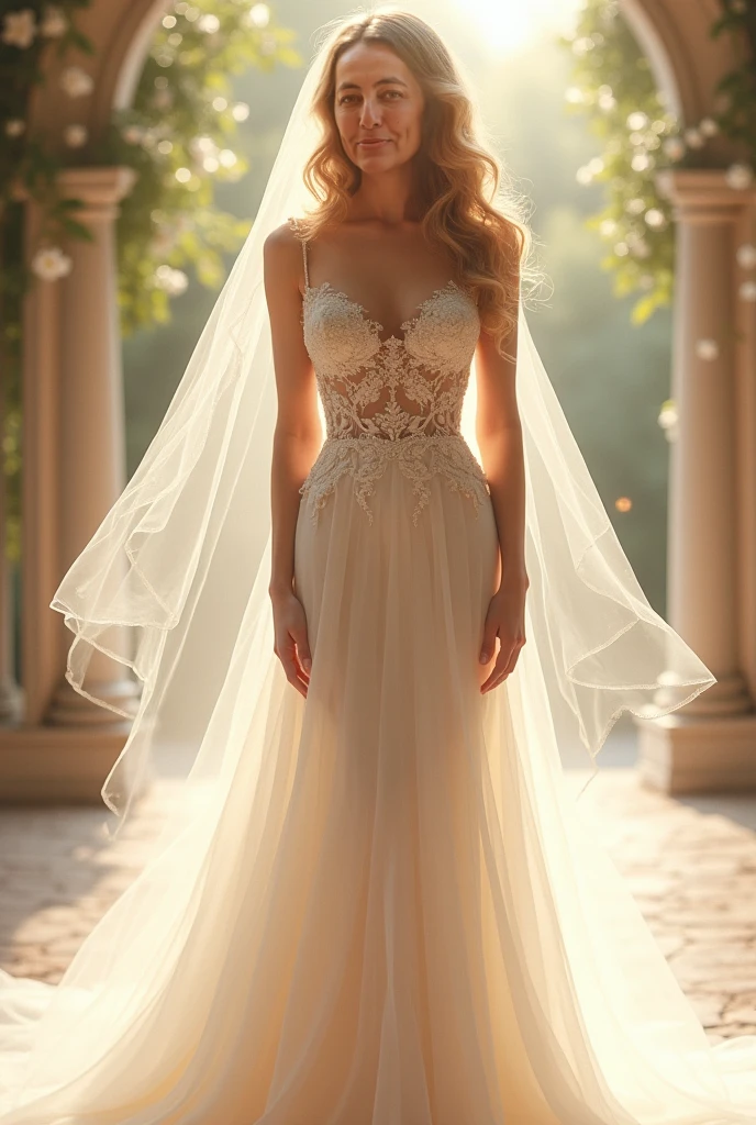 Blonde, bride, wedding dress, low cut, high heels, fake tits