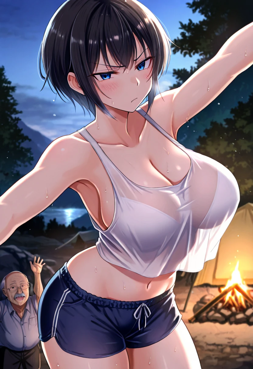 masterpiece, mountainous horizon　, big breasts, (((white bikini armor))), nsfw,　, , black hair　blue eye, ((very short back hair)), blunt bangs, bowl cut hair, cute eyes　looking at the viewer　((from front)), open mouth, orgasm, ((abs)) smile, orgasm, scared, Are standing, (fang),((glaring)), (arms up behind), angry, From the side, ((group sex)), ((hetero)), sweat