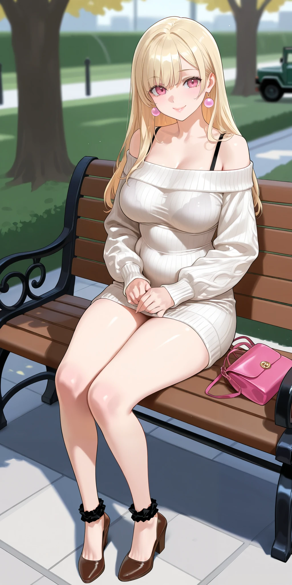 An extremely beautiful woman with blonde hair. She has extremely fair white natural skin, big pink eyes, big plump candy-red glossy lips, medium breasts, and a perfect slim slender yet slightly curvy body. She's only wearing a red oversized tube off-shoulder sweater, visible bra straps, feet anklets, and brown heels. She's sitting on a park bench, mouth closed, smiling, and a jeep parked far in the background. Show her full body.