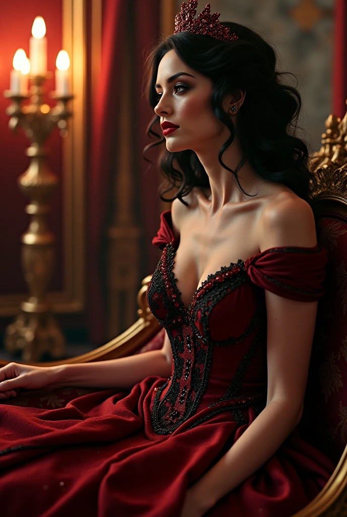 Modern Queen with gorgeous proper dress on red throne playing chess have queen in Hand