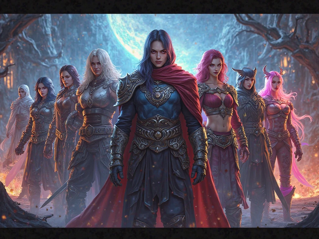 A man and a woman with purple hair, leader of a guild holding the word Plunderes and behind him his army of warriors.