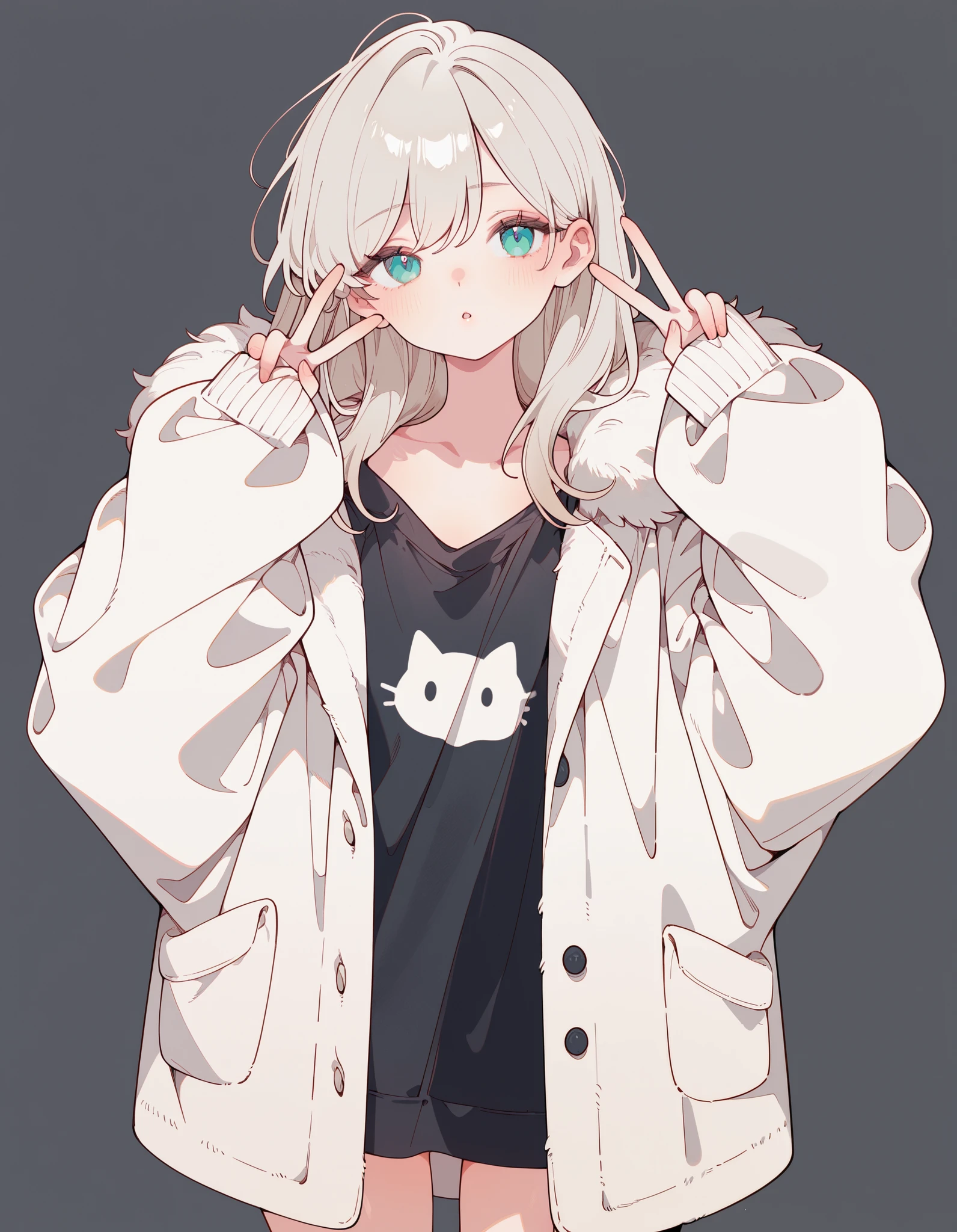 (YHM LEmon89H style:1),masterpiece,best quality,deep grey background,1girl,solo,upper body,standing idle,oversized shirt,fur coat,open coat,cat print shirt,black shirt,sleeves past wrists,hands up,double v,