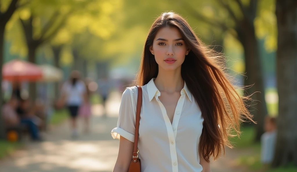 (best quality, high resolution, masterpiece :1.3), A tall man、Beautiful woman, Slim abdominal muscles, dark brown wavy hair fulfilled, breast, Wearing a Pendant, White Button-Down Shirt, belt, Black skirt, (Bustling big city background),night, Exquisite details of face and skin texture, Delicate eyes, Double eyelids