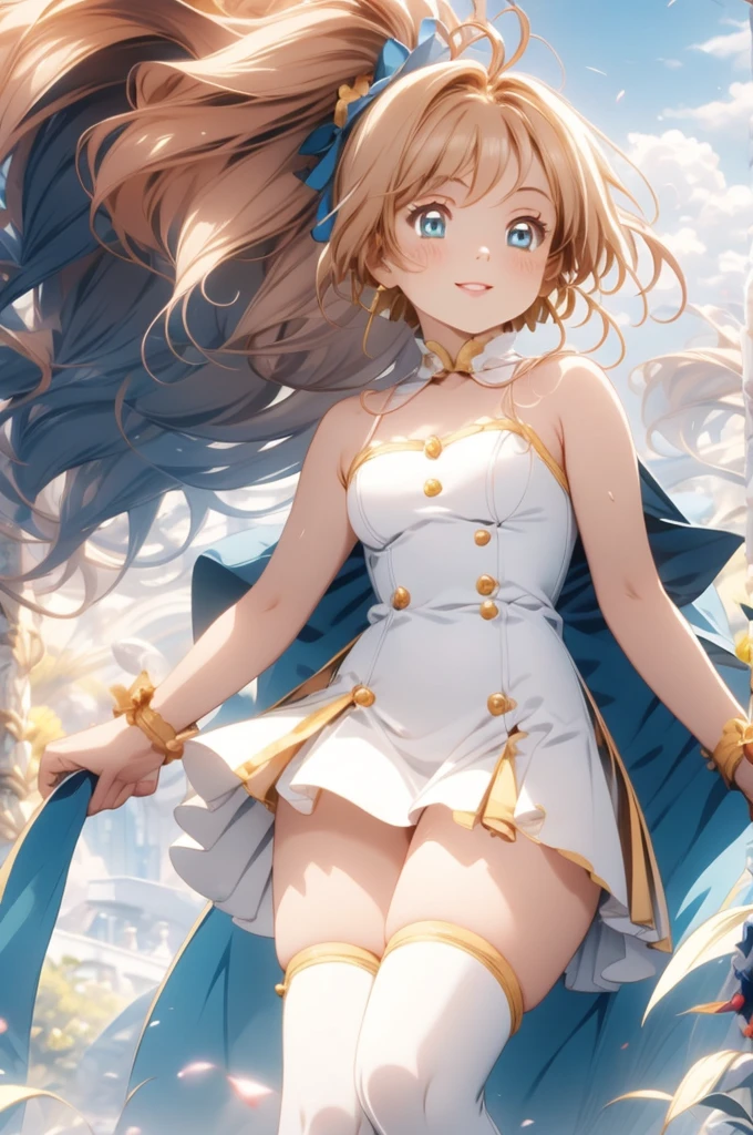 Masterpiece、Highest quality、highest quality、((((Transparency))))、(Open Mouth Smile)、Shiny hair quality、Small face、Dynamic pose、Super detailed, beautiful, wide eyes、Ultra-detailed, clear and beautiful faces、(cute illustration:1.2), High-resolution, ultra-detailed, best quality, embarrassed、Thighs
