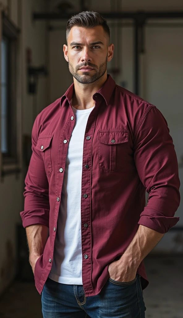 Arafed hombre muscular de 30años.., shirt, of foot, (((hands in pockets))), ((( Burgundy and white Oxford shirt ))), fit, ropa interior blanca, close up, bodybuilder, (On the face: 1.3), facial, detailed face, perfect eyes, serious expression, short haircut, industrial background, Intricate details, natural lighting, correct anatomy, good composition, masculine image, manly, large lump , muscular, strong and muscular legs Kenia