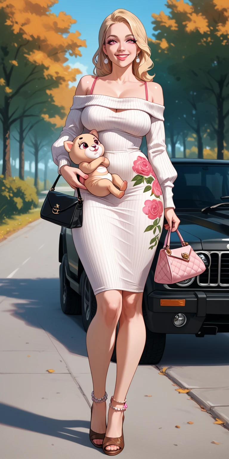 there is a woman sitting on a pink car with flowers on it, hrushevka on background, style of julia razumova, anna nikonova aka newmilky, low quality photo, photo on iphone, colored photo, snapchat photo, with flowers, color picture, sitting in her car, irina nordsol kuzmina, 8k)), alina ivanchenko