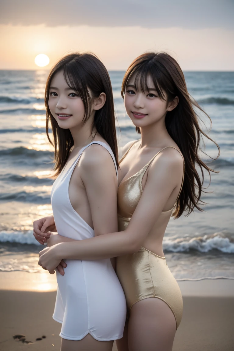 ((highest quality)),(超A high resolution),(Very detailed),(Detailed Description),((The best CG)),(masterpiece),Very detailedなアート、Small breasts、Whitening 1.5、Clear skin quality、(((White one-piece swimsuit 1.5)))、(((Sunset sea 1.5)))、(((Sunset sky 1.5)))、、Ultimate Beauty 1.5((( 1.5)))、Sitting on the beach and gazing at the sea.2、Fluttering Hair 1.3