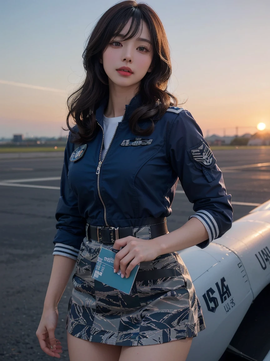 (highest quality, 8K, 32k, masterpiece, UHD:1.2), (realistic:1.5), (masterpiece, Highly detailed CG Unity 8K wallpaper, highest quality, High resolution:1.2), (Super detailed, UHD:1.2), Photo of extremely cute and beautiful Japanese woman, (Long wavy chestnut hair:1.2), adult, (detailed beautiful girl:1.4), highest quality, woman, adult, (Detailed US Air Force Pilot Uniform:1.5), (White Pilot Captain Jacket:1.3), (White high waist pencil skirt:1.3), (Beautiful sunset us air force base runway view background:1.2), laugh shyly:1, looking at the viewer, towards the audience, ((完璧なwomanの身体)), (tight waist:1.2), (Image of the whole body from the knees up:1.3), thin, abs, (beautiful breasts:1.25), assemble the head, Wind, dynamic pose, cinematic light, Backlight, fine clothes, perfect anatomy, perfect proportions, detailed human body, stylish model posing,soft expression、smile