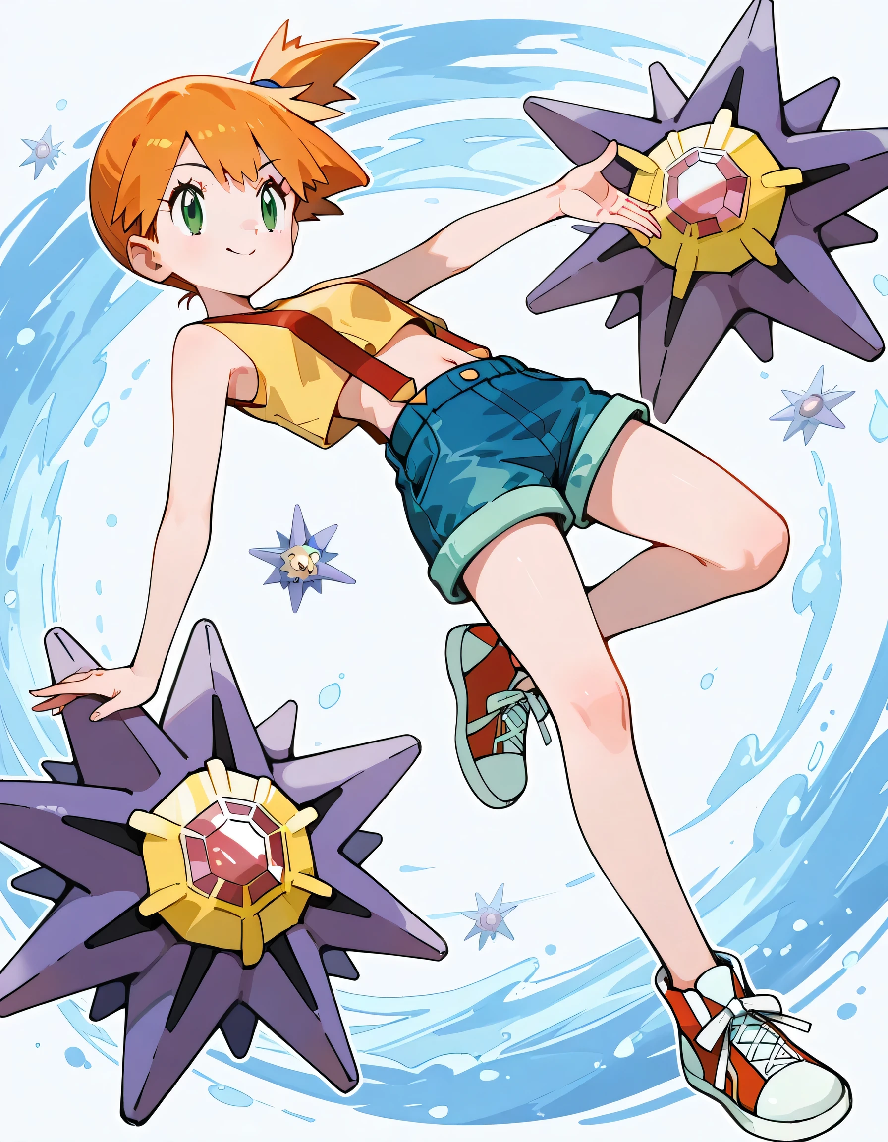 sideview,(dynamic cute upperbody pose),leaning back,(misty(pokemon)),1girl,cute smile, Mit, green eyes, orange hair, bangs, side ponytail, hair tie, short hair
,yellow shirt, sleeveless, midriff, red suspenders, blue shorts, red sneakers with starmie(pokemon))),soft lineart,(full color all sea image background)