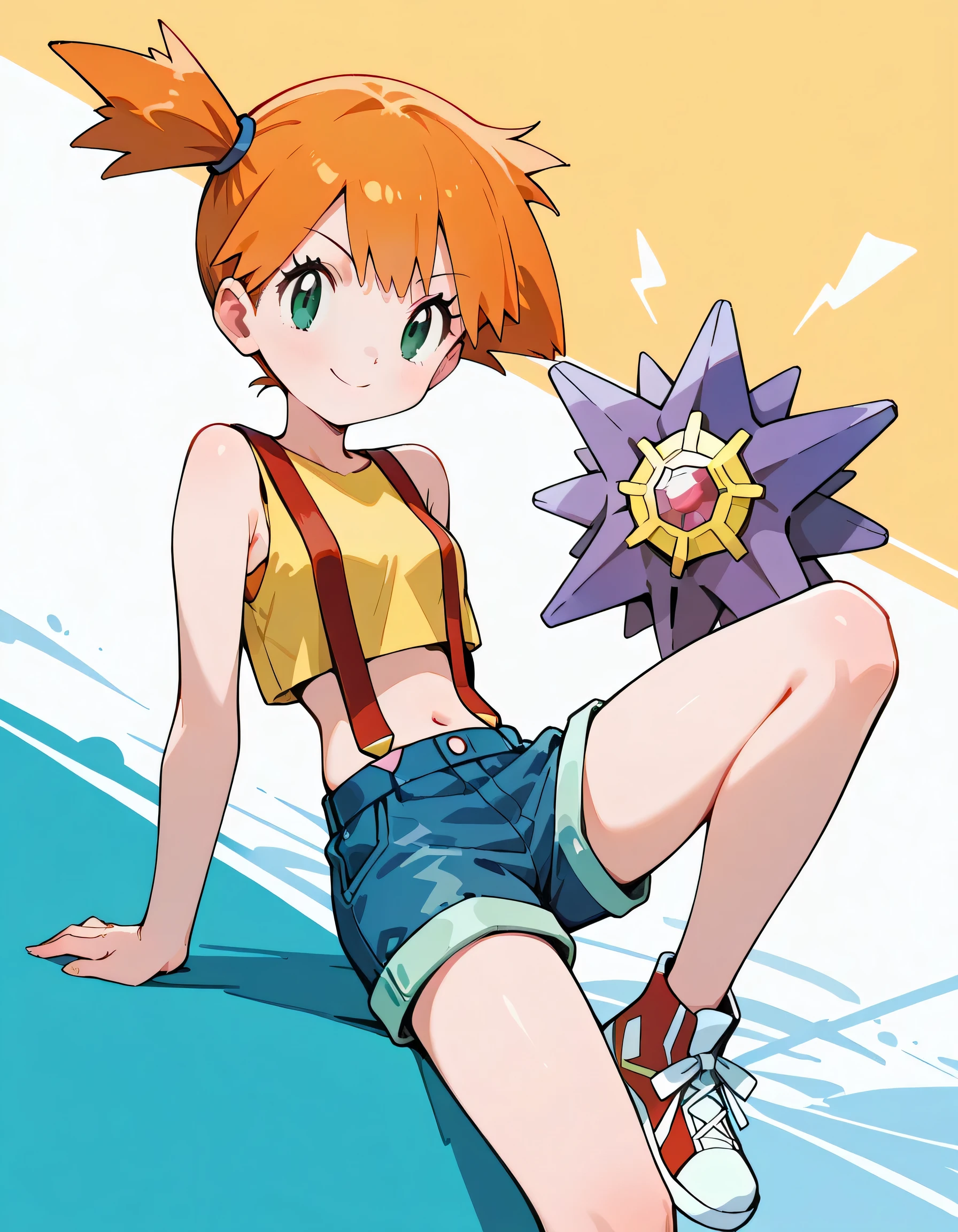 sideview,(dynamic cute upperbody pose),leaning back,(misty(pokemon)),1girl,cute smile, Mit, green eyes, orange hair, bangs, side ponytail, hair tie, short hair
,yellow shirt, sleeveless, midriff, red suspenders, blue shorts, red sneakers with starmie(pokemon))),soft lineart,(full color all sea image background)