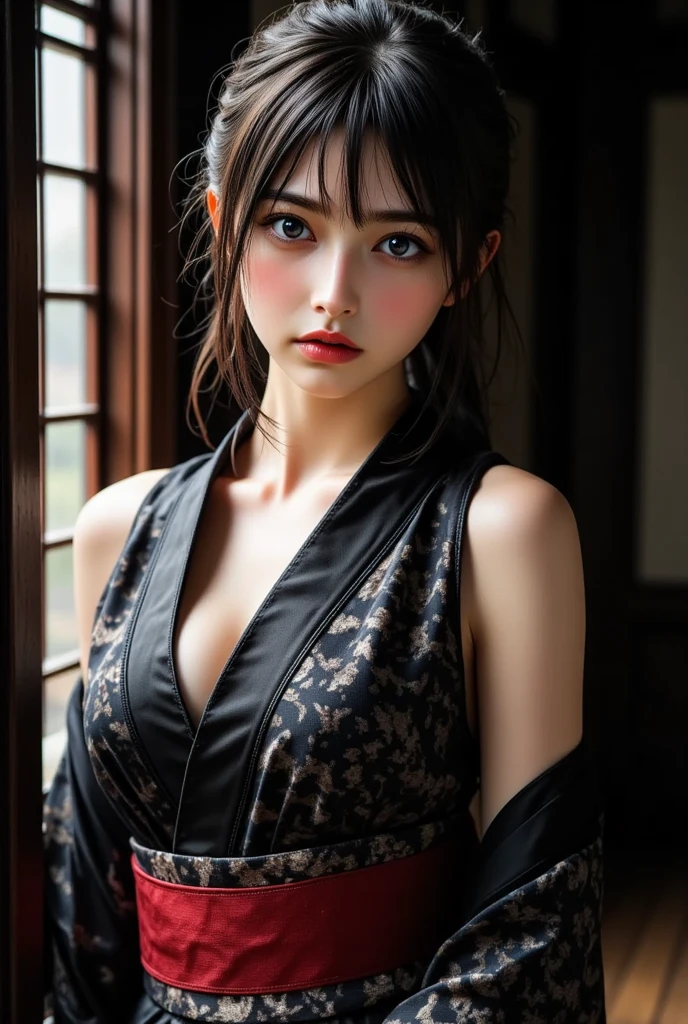 ((Dainty and cute 18 year old girl in leather kimono.))detailed tits、detailed tits、
Her hair color is platinum. portrait photo. One hand is on her hip. One hand is touching her lips. Her head is slightly tilted. Her skin is very smooth. The background is a landscape of ink painting. Very shallow depth of field、the background is blurred.