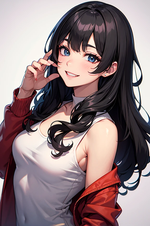 Amazing portrait of a sexy and cute woman with a beautiful face with black brown long straight hair and weak eyes wearing a long oversized white shirt glancing at us and blushing intensely and smiling at us while looking tantalizingly sexy