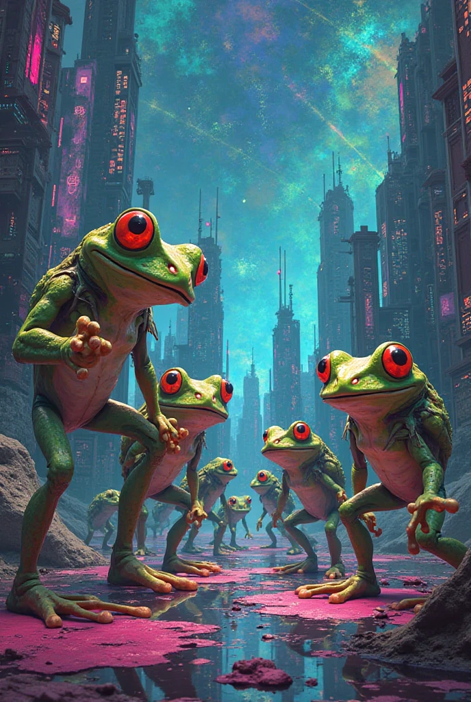 Landscape image, hd, Cyberpunk Ingress enlightened green frog agents, explosion background, superhero pose, holding long streamer without handle that says SECOND SUNDAY