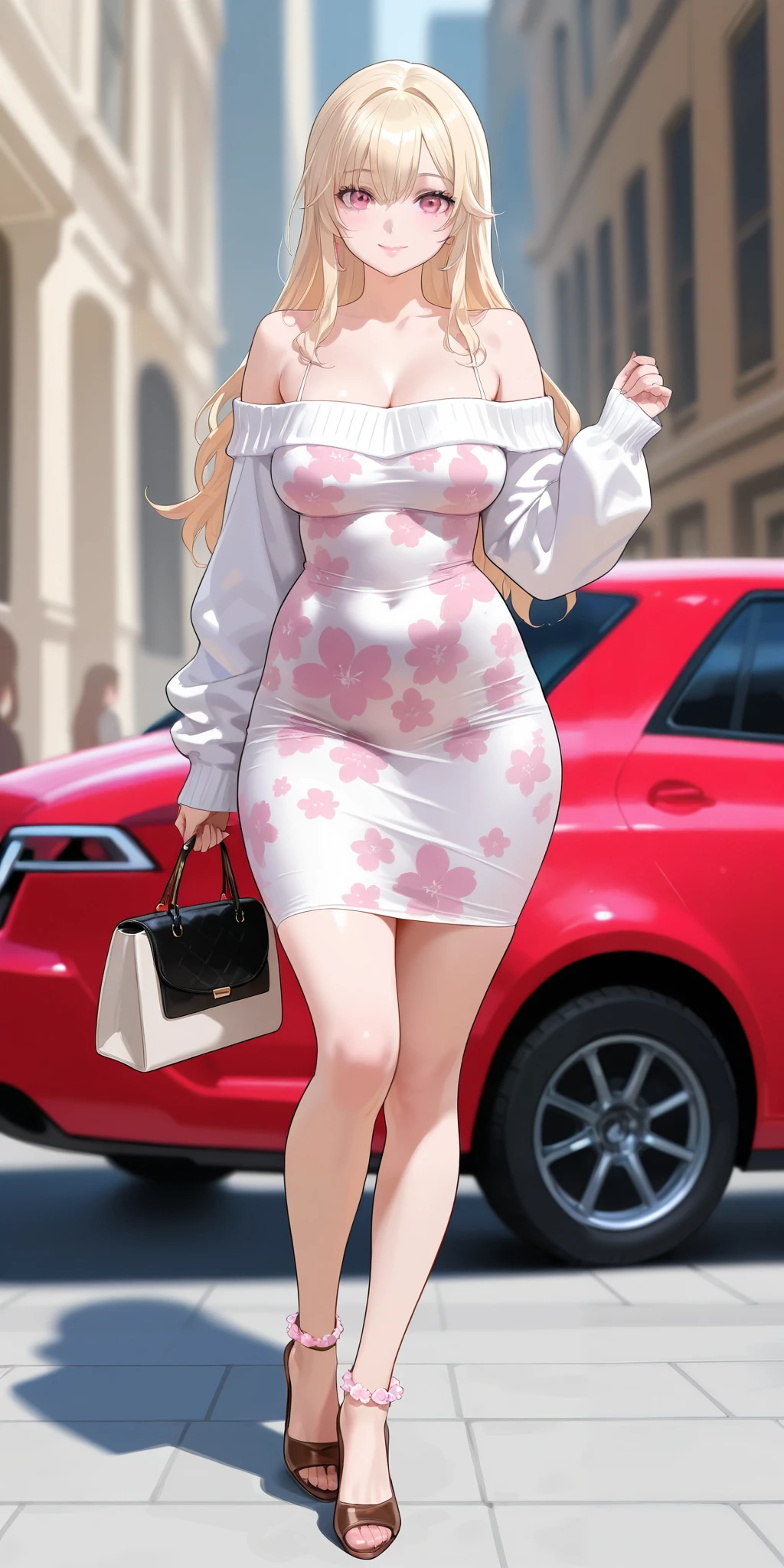 An extremely beautiful woman with blonde hair. She has extremely fair white natural skin, big pink eyes, big plump candy-red glossy lips, medium breasts, and a perfect slim slender yet slightly curvy body. She's wearing a micro-short revealing pink floral dress with spaghetti straps, a white front-open sweater worn in an off-shoulder style, feet anklets, and brown heels. She's standing near a big jeep, carrying a purse, mouth closed, and smiling. Show her full body.