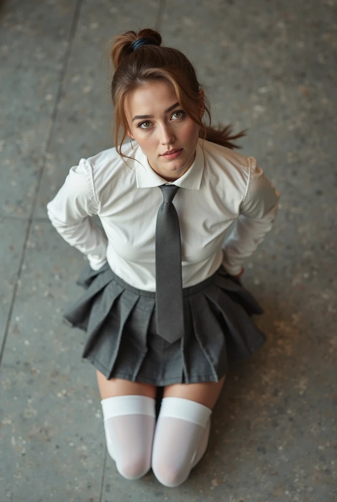 Photo from above of a pretty 18-year-old Caucasian woman with large breasts and dark hair in pigtails, in a wood-panelled room. She is wearing a very tight white button-up shirt, and a gray pleated miniskirt. She is kneeling on the floor, looking defiant. She is looking up and forward toward the camera. Both her arms are hidden behind her back.