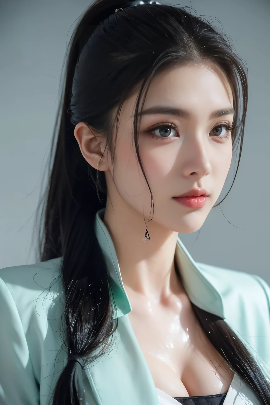 tmasterpiece,High-end Wearable Fabric Details,high resolution,8k,(Portrait),(Avatar close-up),(RAW Photographer), real photos,Digital photography,(Women in Workplace),20-Year-Old Girl,Long ponytail hairstyle,By the shills,(, black hair and blonde ),(Green Eyes),Serious and charming,chubby breasts,cleavage,(Workplace Suit), gag ,elegant and seductive, serious and arrogant, calm and handsome ,(Female President),Pose for a photo,(Wet Splash),Realistic patterns,gray world background,Reflective surface rendering