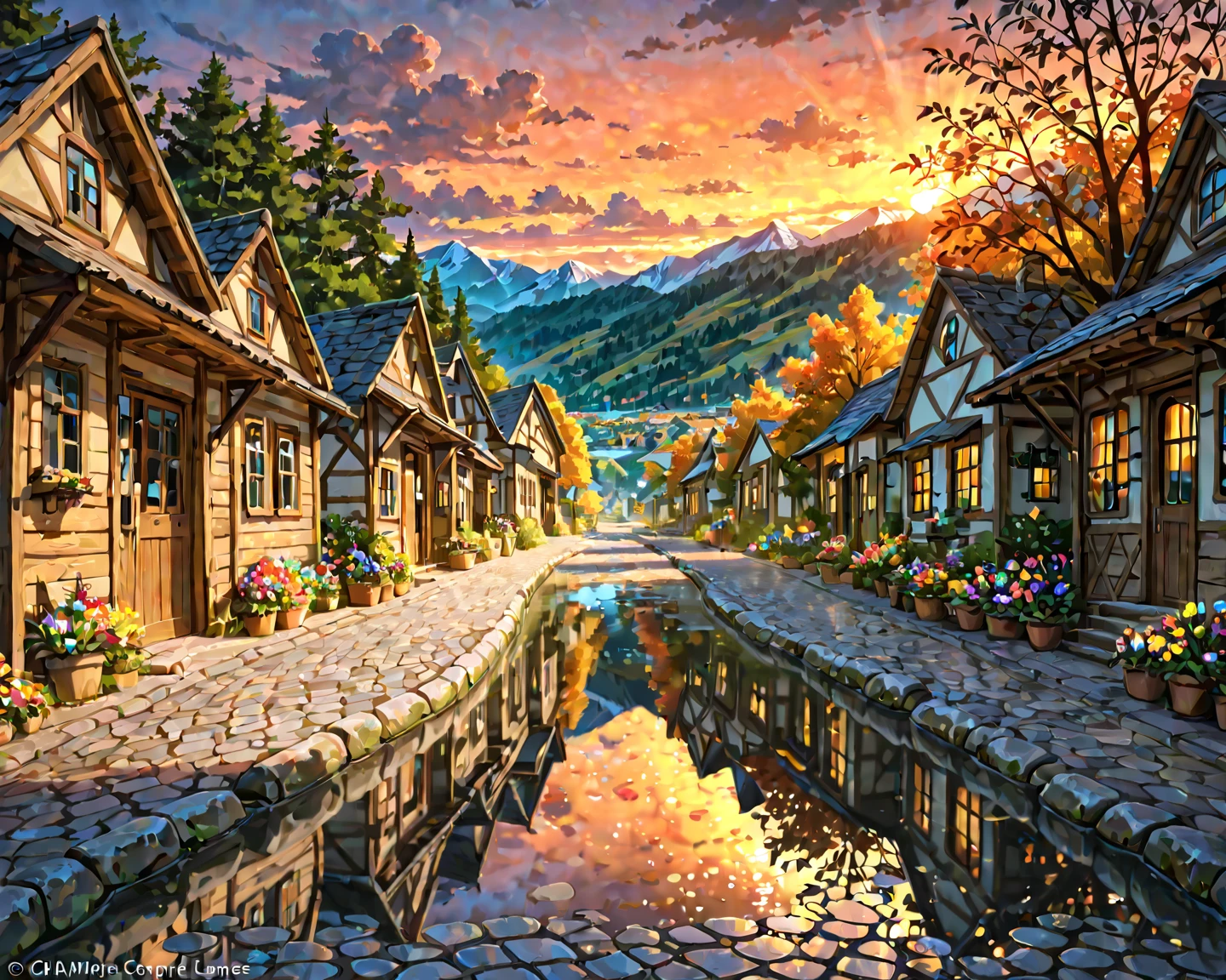 A small riverside village, mountains in the background, colorful ...