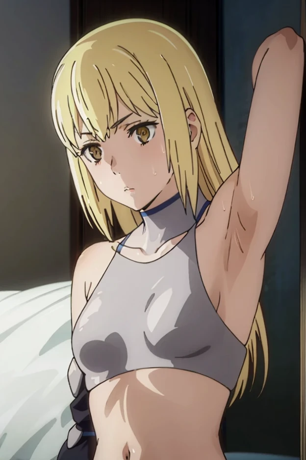 Masterpieces, high resolution, alone, 8k, Details, Perfect Face, of the best quality, (Very high quality), (looking at the audience), (armpit), collarbone, Bare arms , Medium Breasts, blonde hair , long hair, Golden eyes , abdomen, stomach, navel, หน้าabdomen, Armor, slim figure, Upper body, emotionless , Flat face , in bed, Armpit ,Private View, sweat