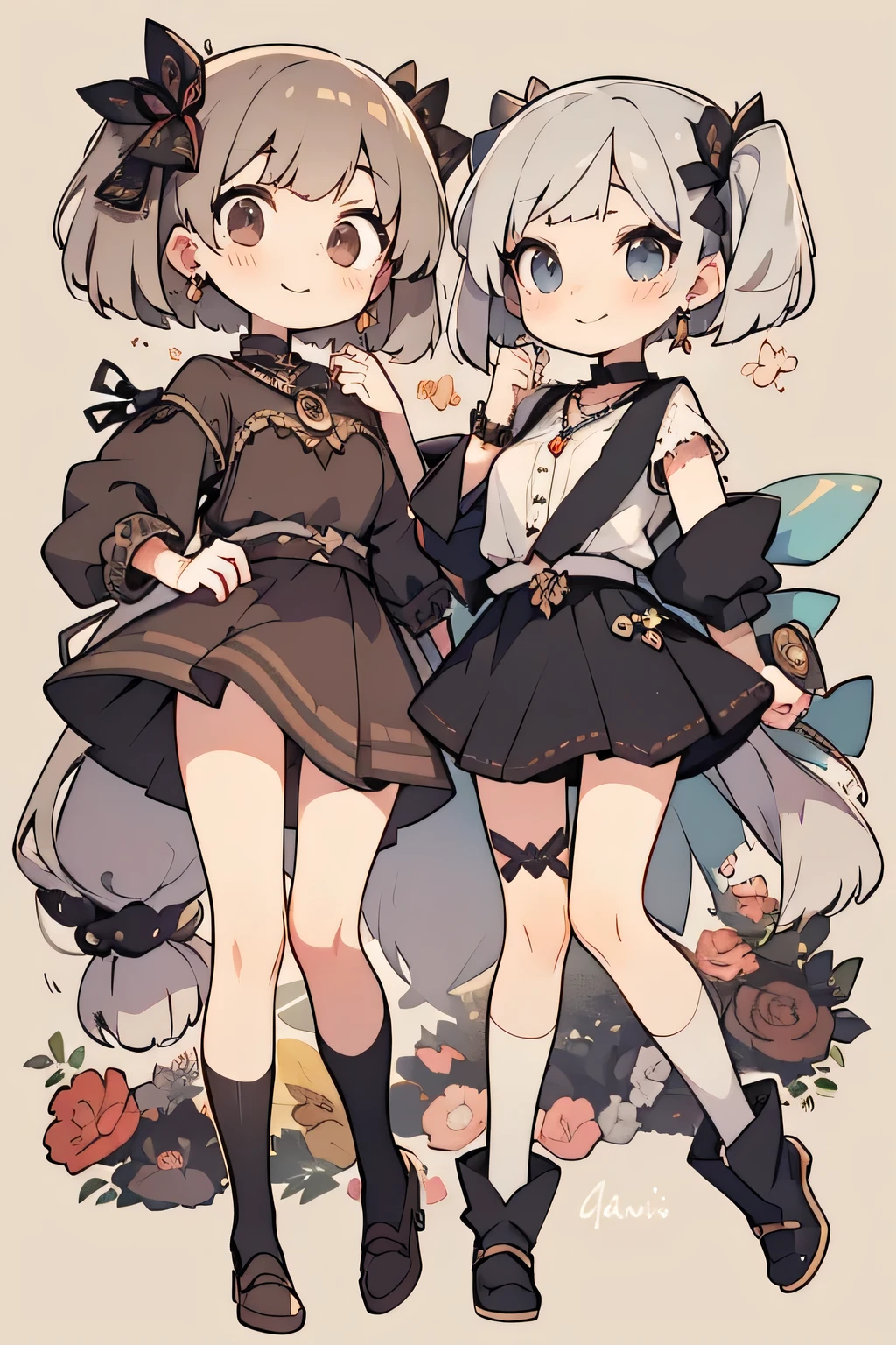 huge, twin tails, Silver Hair, Low rise short pants, vintage gothic, Pause , cute, high quality, necklaces, ring, bracelets, Earrings,smile , small buttocks,full body,Long skirt with side slits、thigh can be seen through the slit、The 、lace long skirt、knee-high socks、short bob hair、
