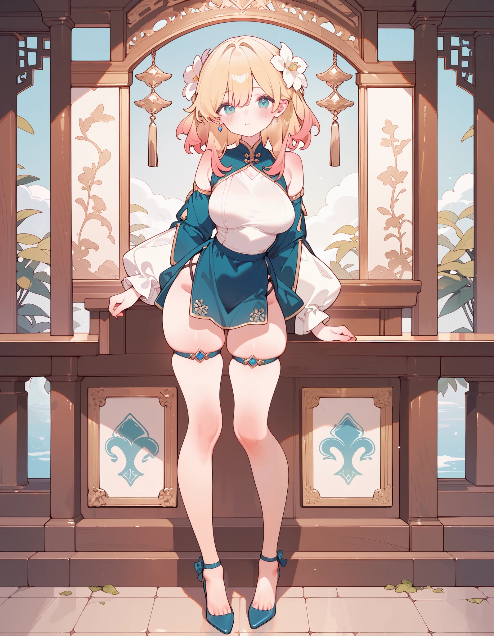 Wearing a bikini、Wearing a hat and a sword,Wearing headphones, (masterpiece, best quality) detailed,silver accessories , Blonde ,elegant, Pointed ears ,Chinese element pattern,Wear a white shirt,Navel exposed,Barefoot