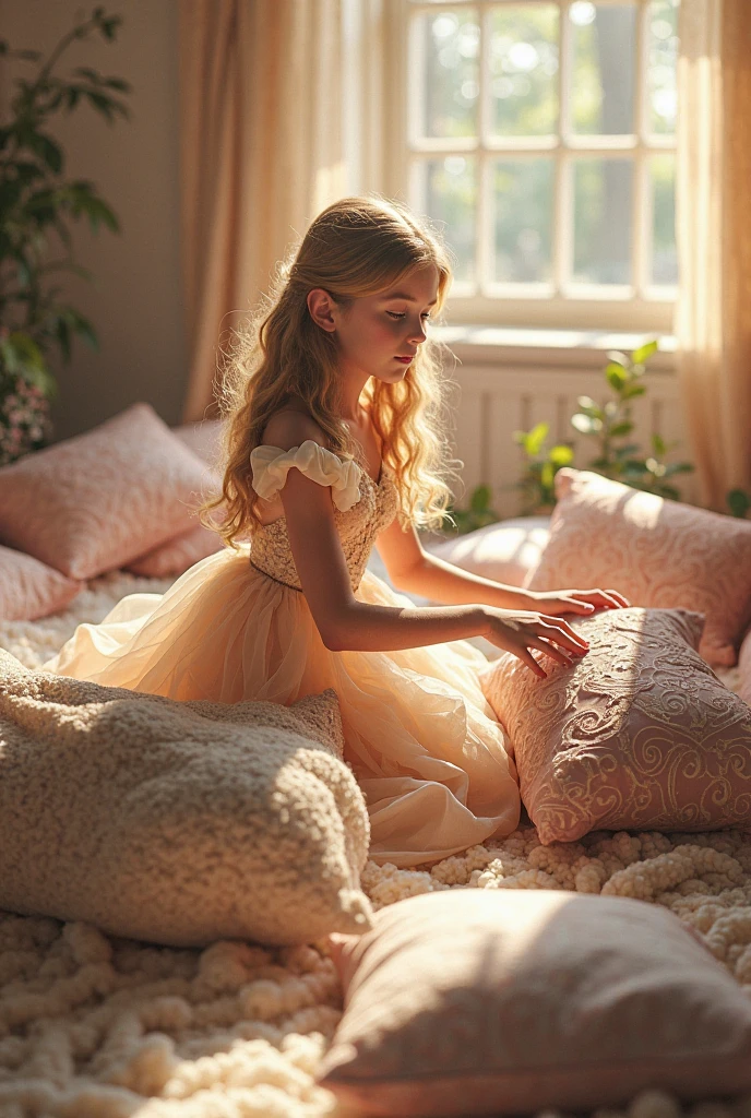 Masterpiece, Top Quality, Super Detail, 8K, Detailed Light, Detailed Shadows, RAW, (Detailed Skin), (Real: 1.2),, 1 Nordic girl, face, (9 years old), white hair, sleeping on a plush bed, night dress