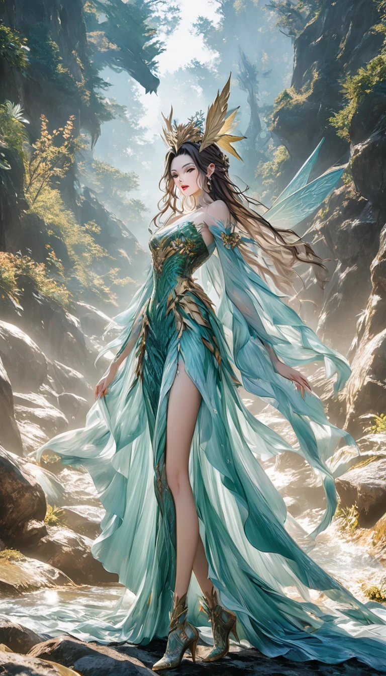 (masuter piece:1.3)、(8K、Photorealsitic、Raw photography、top-quality: 1.4)、超A high resolution、A hyper-realistic、high-detail、Wind Fairy、sylph、Green and translucent whole body、The background is the forest、The Monster、Light green face、floating、are flying、Wearing the wind