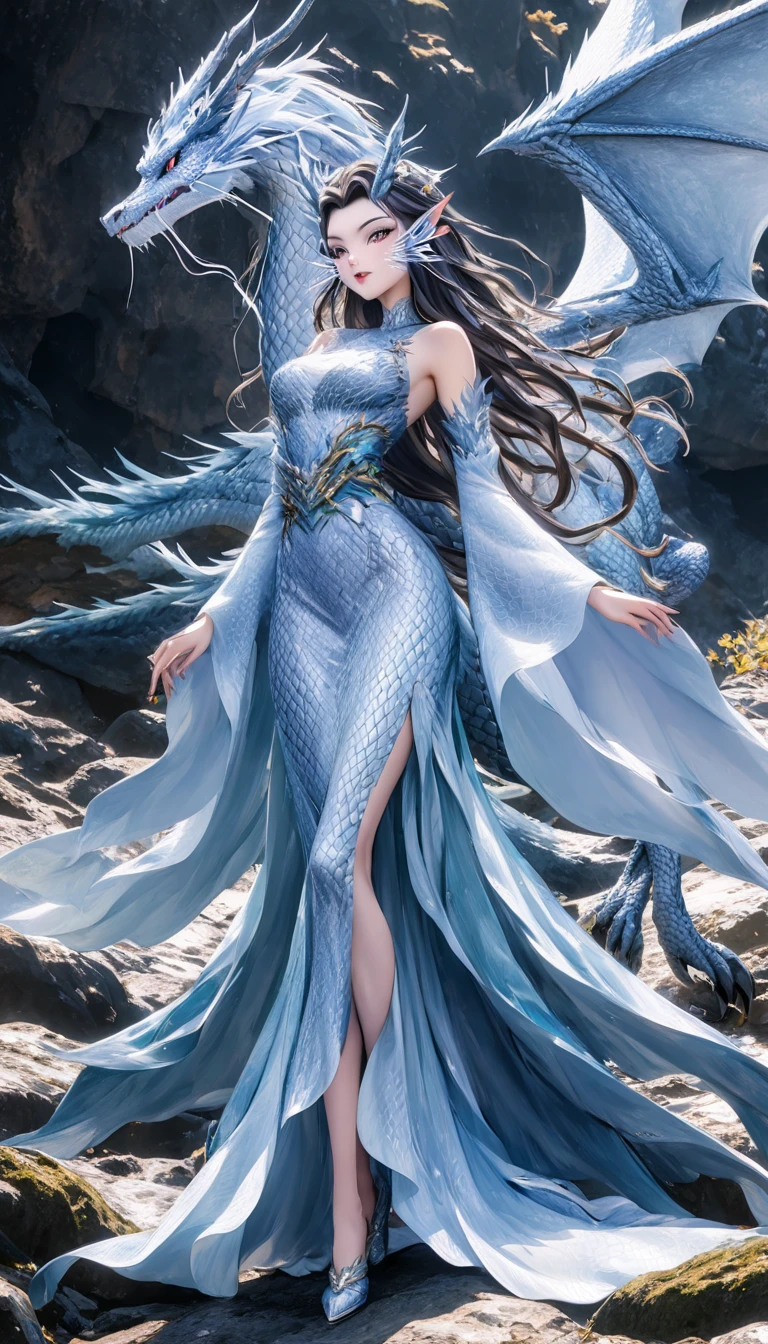 ((Highest quality、unity 8k wallpaper、32k、masterpiece、Very detailed、Ultra-high resolution、Ultra-high resolution、 Very detailedな顔, RAW Photos, Professional, Ultra-fine painting, Anatomically Correct Dragon Girl)) Yui Kotegawa transforms into a Blue Dragon, kotegawayui, long hair, Yellow Eyes, ((Reptile Eyeouth with sharp fangs,、(((Impressive lizard tail extending from tailbone))) 、(((Giant blue bat wings growing from the shoulder blades on his back)))、((Dragon legs with sharp claws、Covered in fine scales from the toes to the thighs、Covered in fine blue scales from fingertips to shoulders、Long nails on the fingertips))、Nipples are fully visible、(The boundary between the scales and the skin is unclear)、((A small fin on the spine that continues to the tail))、