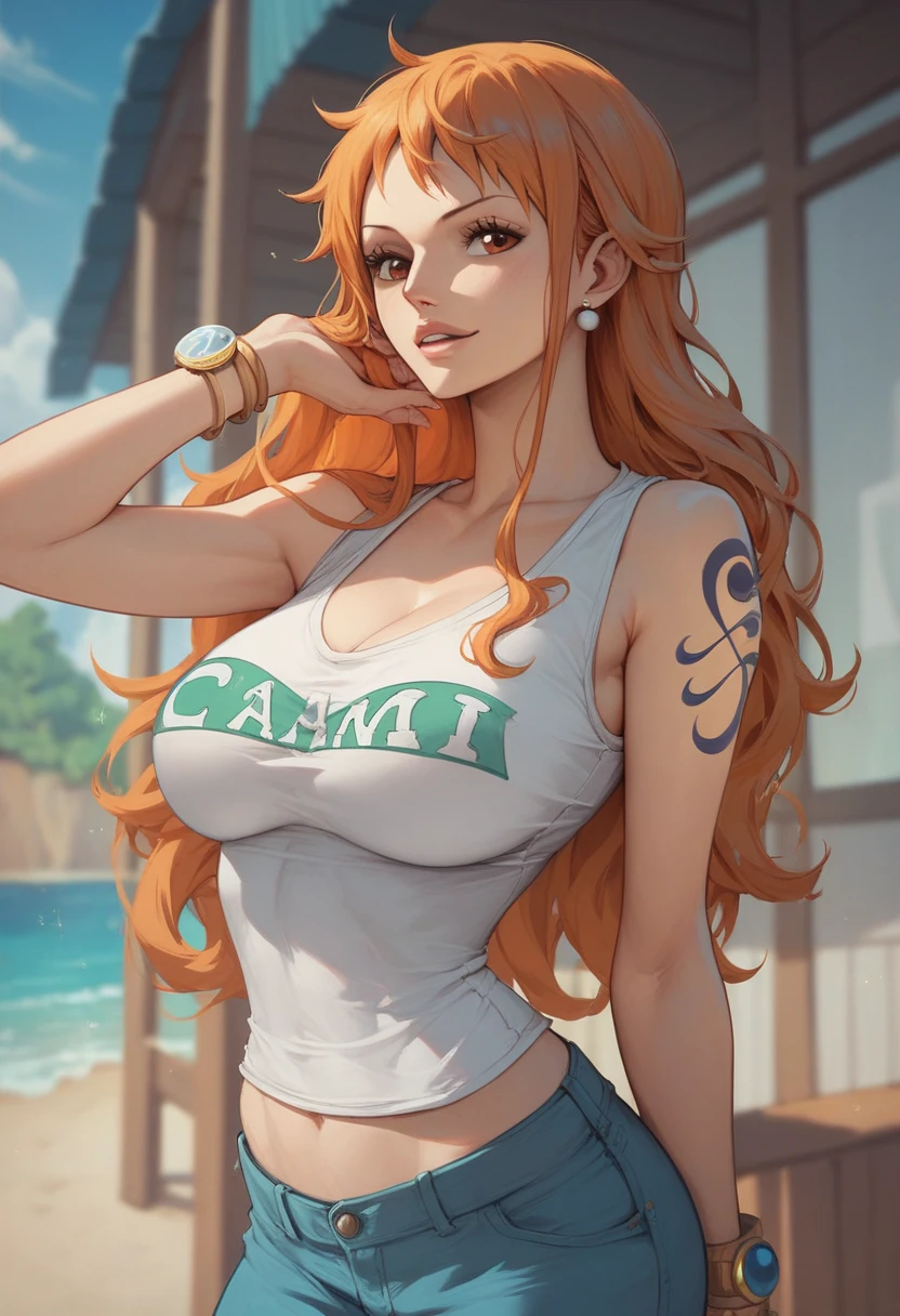 Nami from One Piece. Wearing a super white miniskirt、White panties、