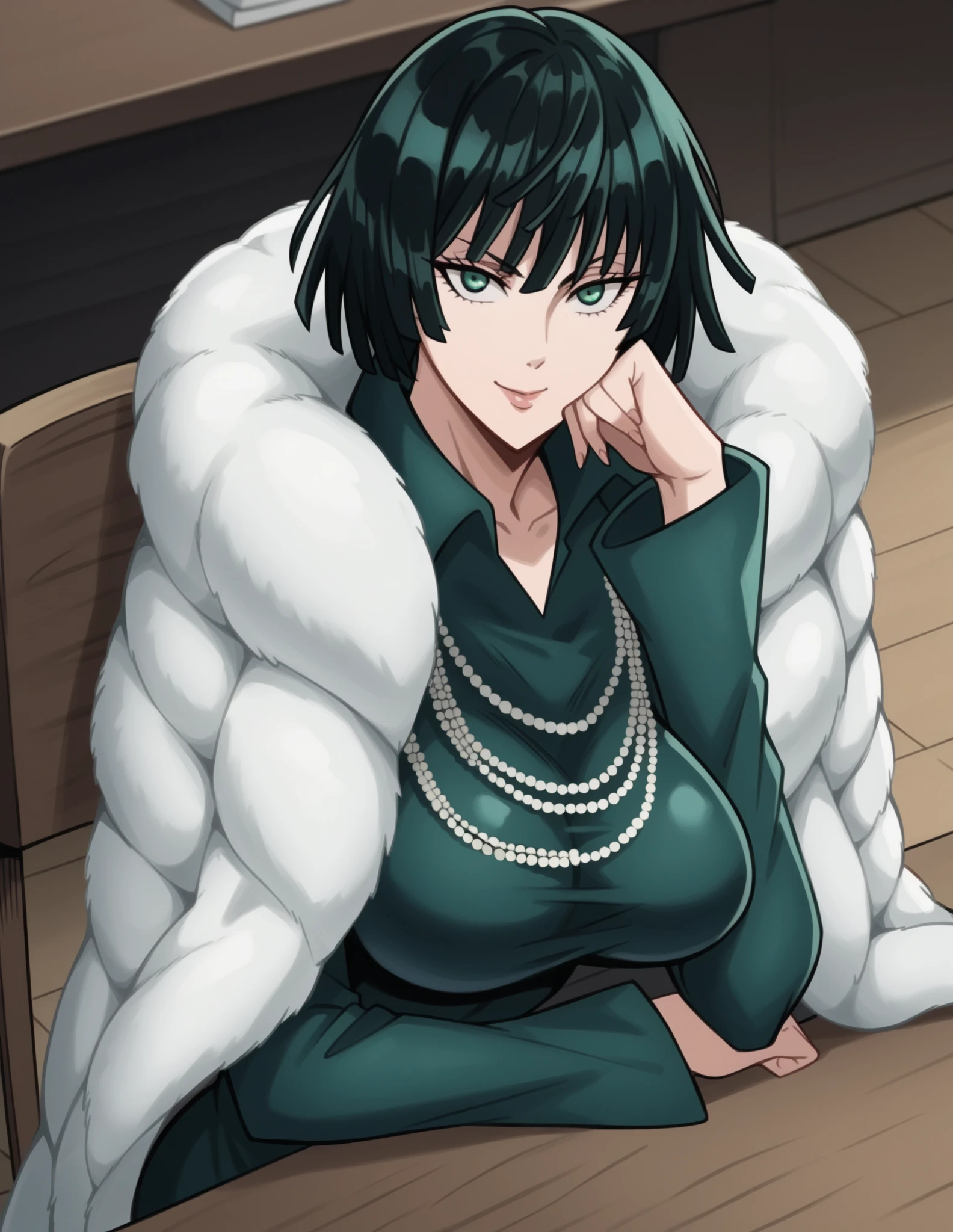 (best quality, masterpiece, RAW photo,ultra-detailed:1.2), <lyco:GoodHands-beta2:1.0>,, 1girl,solo,looking at viewer,smile,
<lyco:fubukitest:3.5> black hair, green eyes, short hair,black dress, dress, fur coat, high collar, jewelry, necklace, off shoulder, taut clothes, taut dress,huge breasts,