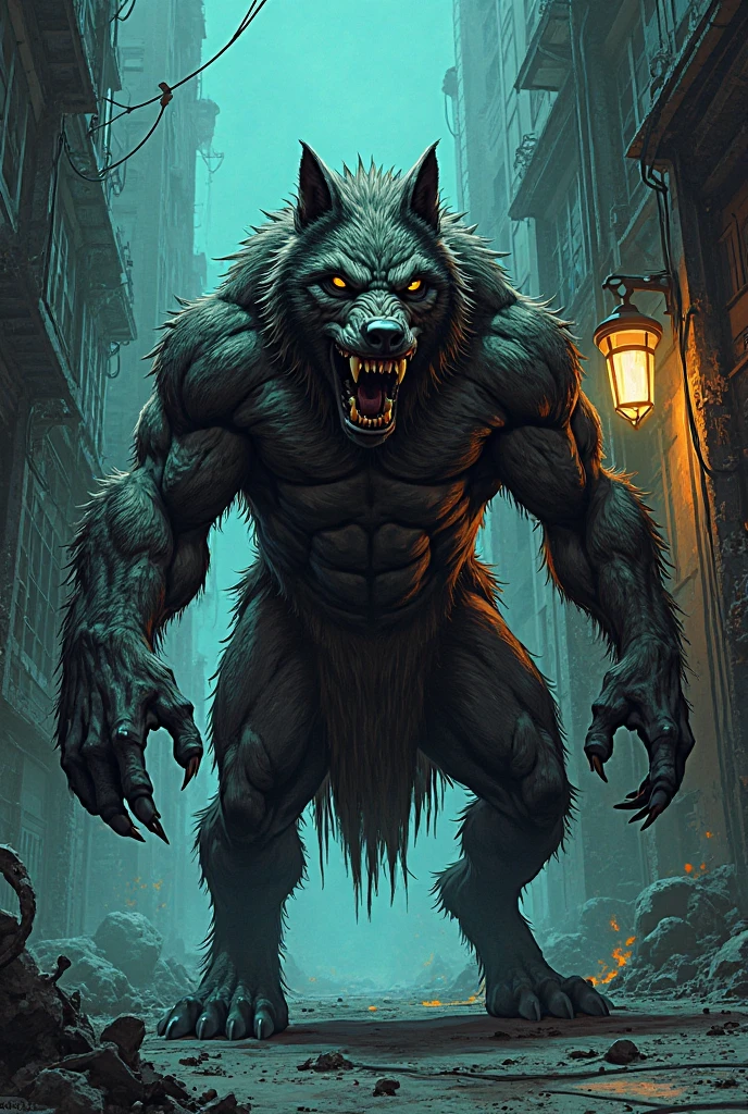 "A fierce and hungry werewolf with sharp teeth and glowing eyes thirsting for blood stands at the end of a dark alley. In the sky, a full, bright moon illuminates the scene with its pale light