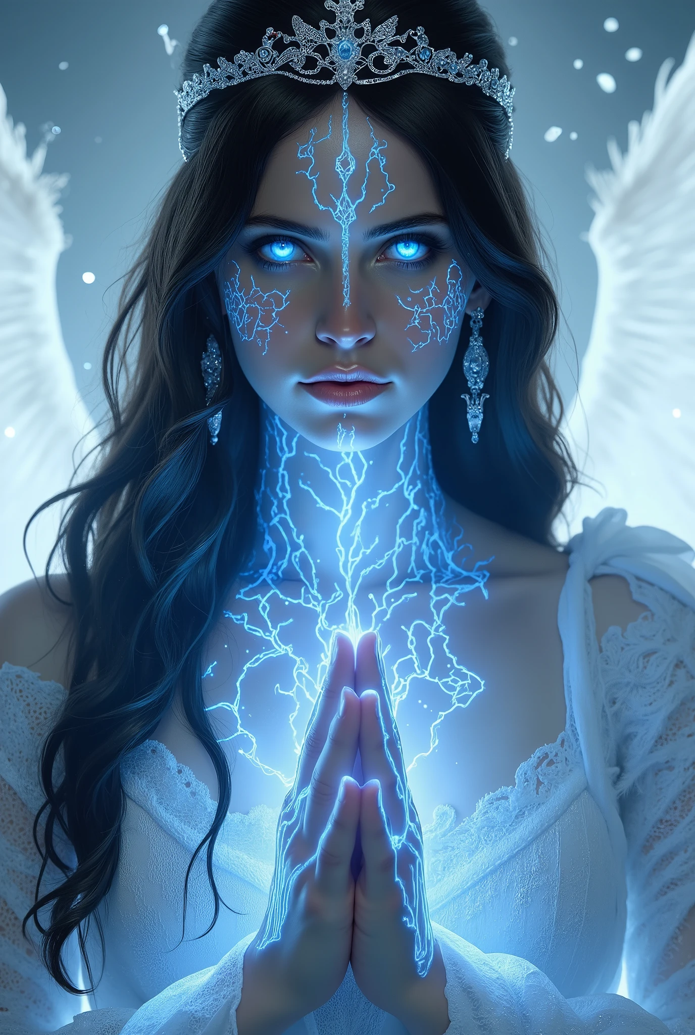 (((shining blue electric eyes))), extremely hot and beautiful angelic girl with electric white wings, (((glowing with electricity blue veins))), blue glowing veins, glowing veins, bright glowing veins, long flowing dark black hair, white pale skin with blue tattoos and markings, low white almost transparent medieval robes, gracious face, detailed fantasy portrait, exquisite mystical valkyrie, mountain temple background, silver tiara, hyperrealistic, octane render, piercing eyes, delicate features, dramatic lighting, vibrant colors, highly detailed, cinematic composition, masterpiece, 8k, upper body only, praying hands