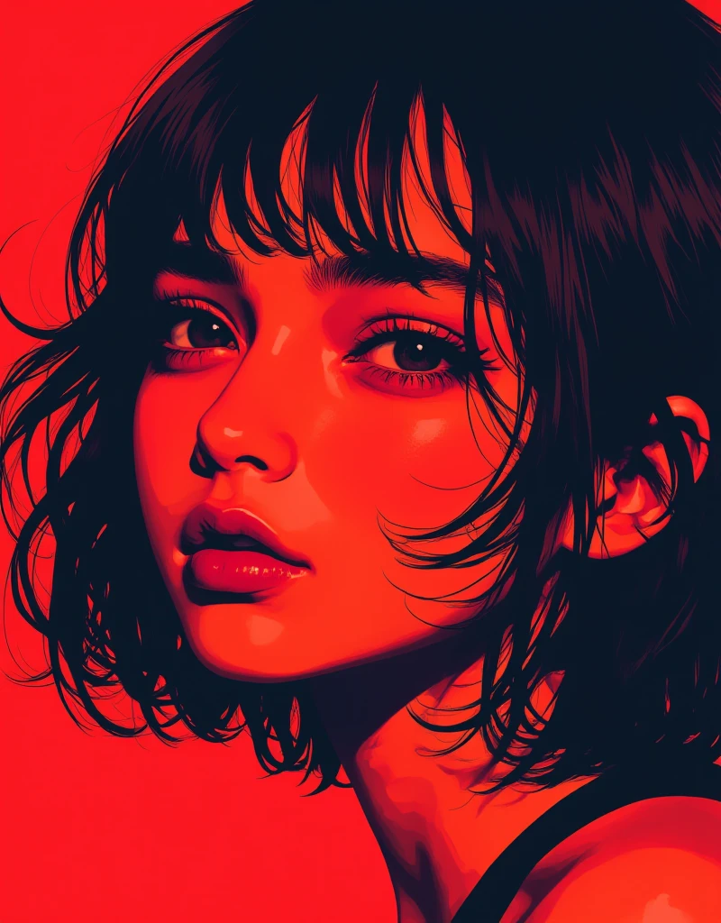 ultra-detailed, realistic, wallpaper, woman head, disheveled, bites her lip, blush, hard breath, bob cut, sexual tension, red lips, sexy despair, sweat, messy, loosing control, turtleneck, artwork, conceptual artwork, void, abstract, orange blue,