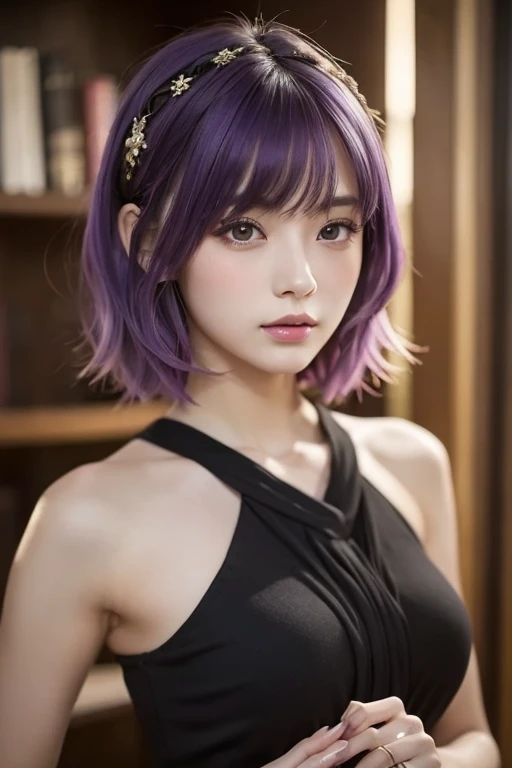  1 girl, 20age women, Masterpiece, spouse, goddess, short hair ,(( purple hair)),glass