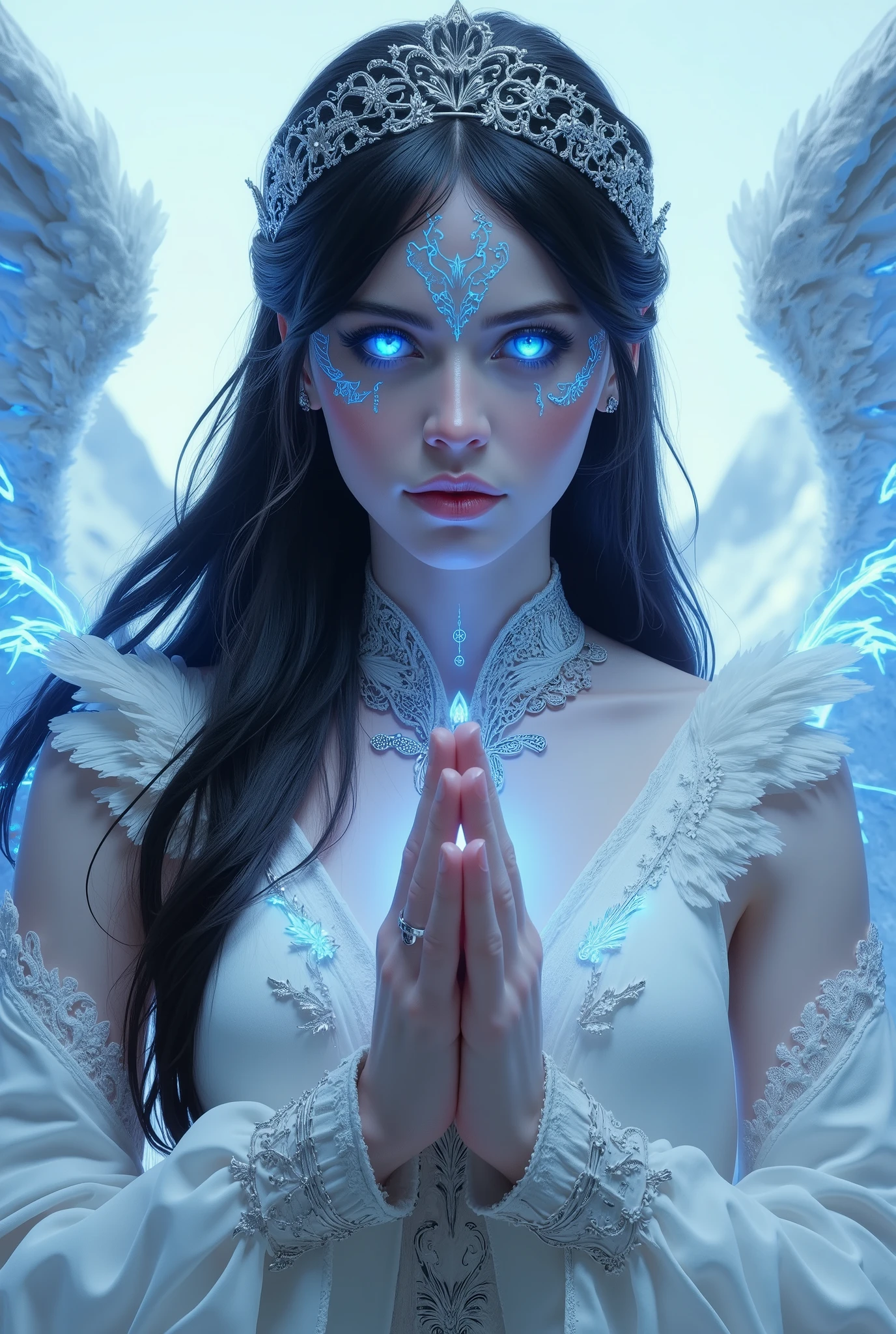 (((shining blue electric eyes))), extremely beautiful angelic girl with electric white wings, long flowing dark black hair, white pale skin with blue tattoos and markings, low white almost transparent medieval robes, gracious face, detailed fantasy portrait, exquisite mystical valkyrie, mountain temple background, silver tiara, hyperrealistic, octane render, piercing eyes, delicate features, dramatic lighting, vibrant colors, highly detailed, cinematic composition, masterpiece, 8k, upper body only, praying hands