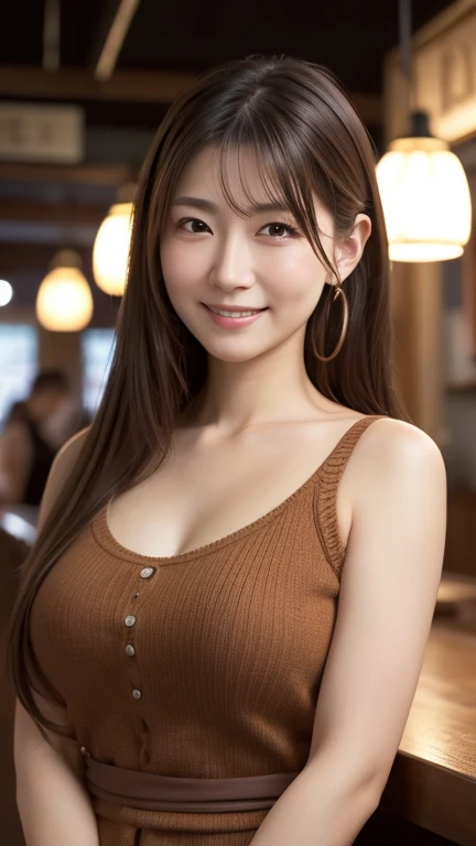 masterpiece, highest quality, realistic, Super detailed, small details, High resolution, 8k wallpaper, 1 beautiful woman, light brown messy hair, perfect dynamic composition, beautiful and detailed eyes、in the stylish office at night、((Super long brown hair:1.2))、((Hair with loose waves inside:1.2)),((gold necklace_Large earrings:1.2)),((shy smile:1.3)),((wearing a sleeveless turtleneck white knit dress:1.3)),((sitting on a chair, night view terrace background:1.3)),