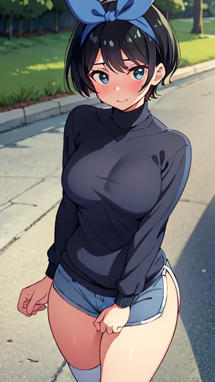 boyish,Very short hair,Black Hair,Large Breasts,Black leotard,High leg,blush,Serious face,blue eyes,forest,Sweat,Full body view