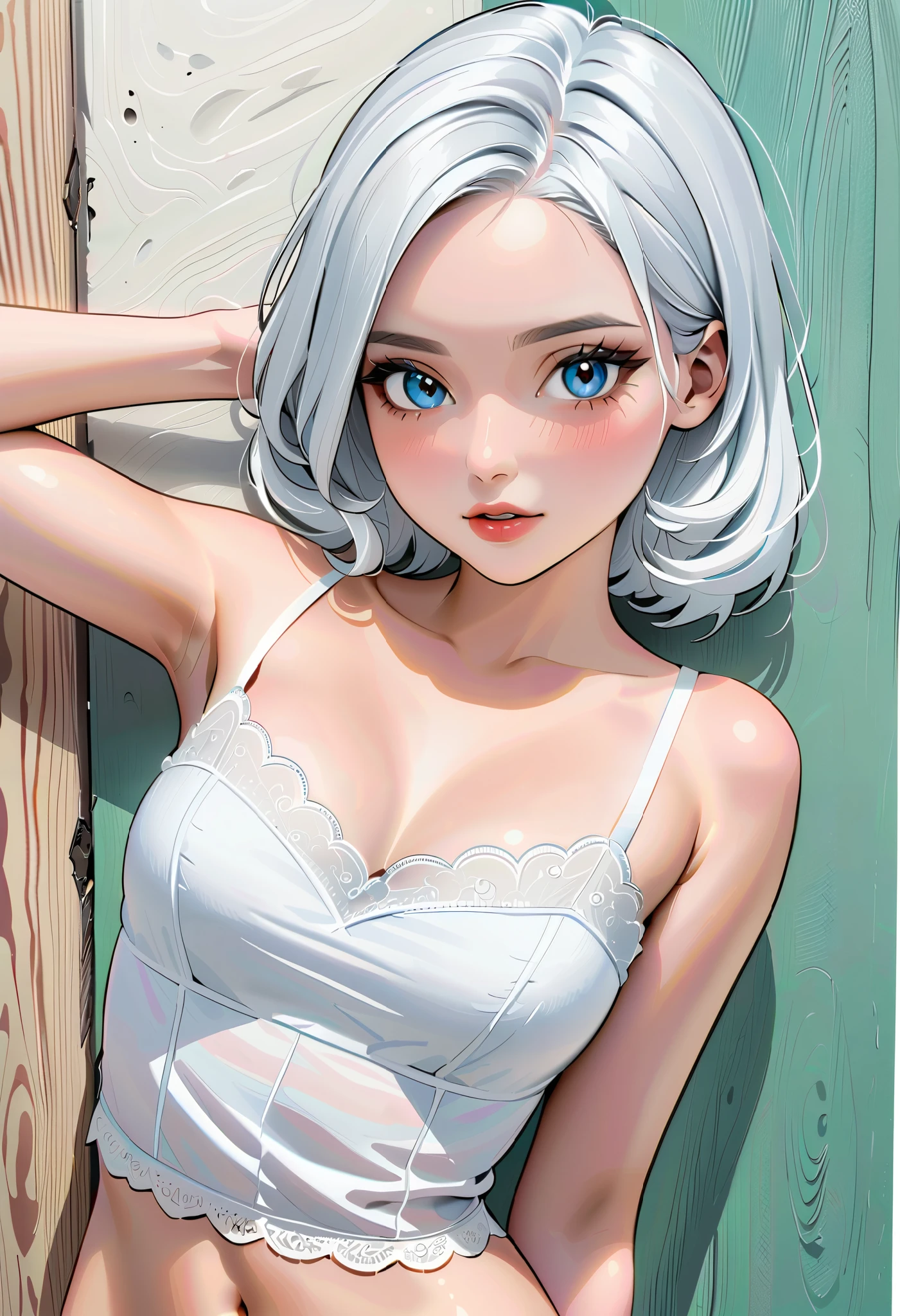 Miss, short camisole ,white,Delicate painting style,Realistic texture, colored pencil drawing,draft , Comic Collage,number