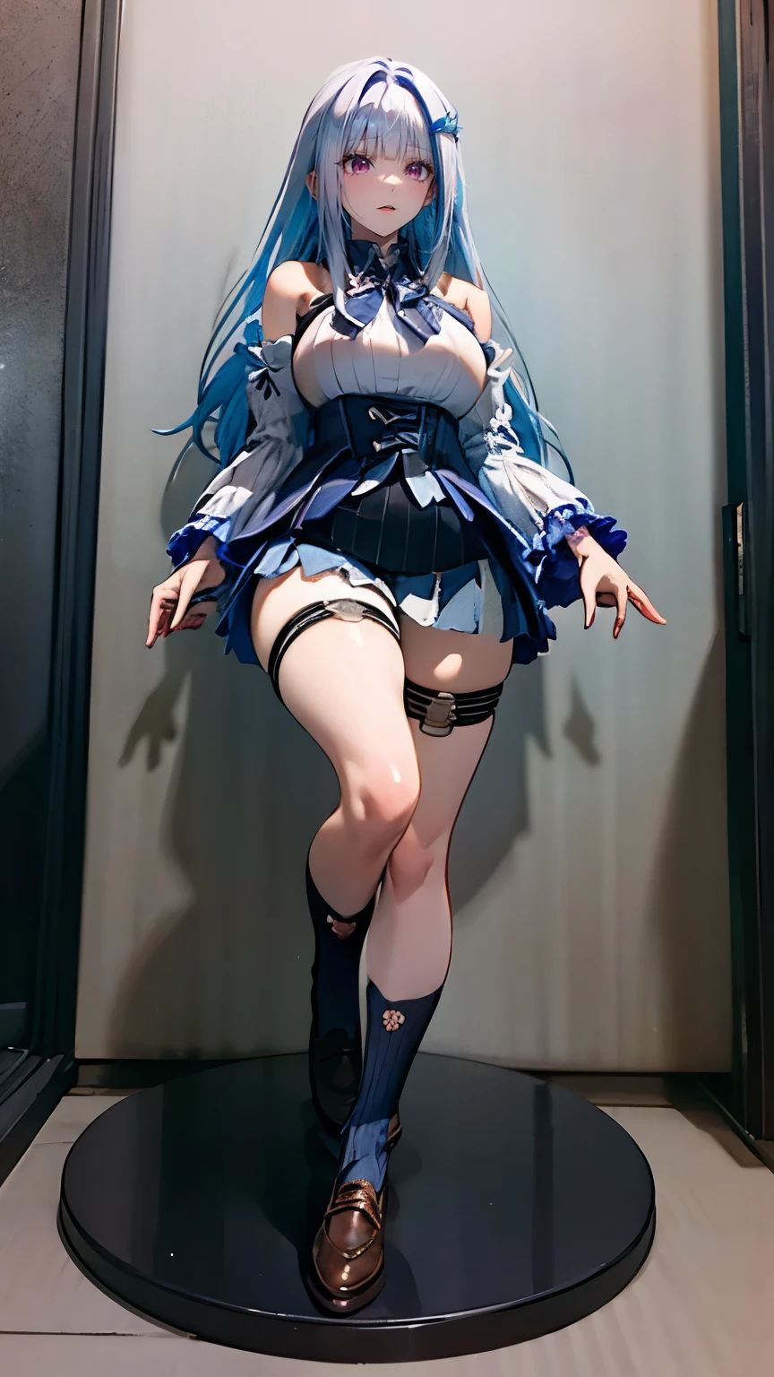 chaesu-minah, blue hair, blue eyes, 1girl, solo, tasteful nudity, big breasts, sexual facial expression, sexually suggestive, masterpiece, mysterious white liquid, best quality, full body, standing
