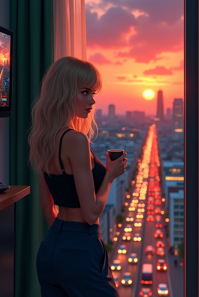 super realistic blonde woman, sexy look, and with big ass and big boobs having a glass of wine sitting on a fancy balcony