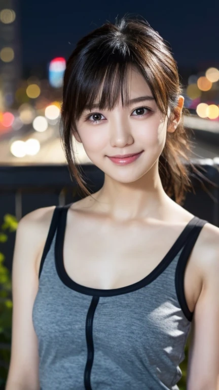 (highest quality,masterpiece:1.3,ultra high resolution),(Super detailed,caustics,8k),(photorealistic:1.4,RAW shooting),1 girl,(look at the camera with a smile),20-year-old,cute,Japanese,black hair long bronde, (Sportswear: 2.0), (Ballet: 1.8), (Street: 1.2), big ,bust up shot, Tokyo street, Night, face focus, Natural light, Backlight, (A bright light shines from above), (Lens flare), professional writing, (low position), (Low - Angle)