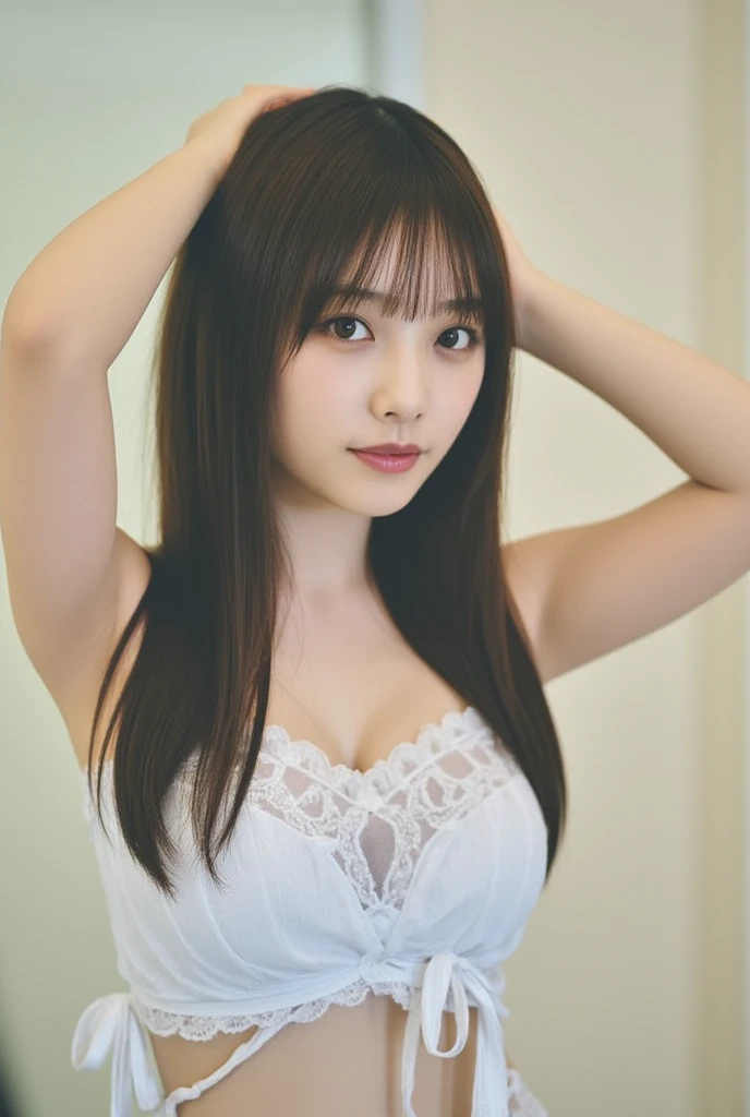 masterpiece、highest quality、16K、RAW Photos、Super detailed、Ultra-high resolution、UHD,Depth of written boundary、very detailed、late night office、dim、Cinematic lighting、Professional Lighting、Pale shading、Weak contrast、Japanese、beautiful girl、Smooth, silky skin、Translucent white skin、sitting in front of the computer、Operating a computer、(Tight sleeveless blouse that clings to the breasts、(pink color:1.0))、(Tight knit micro mooth and beautiful thighs:1.6)、(Large Breasts:1.4)、Saggy breasts、The chest is wide open、deep cleavage、Small areola、Small nipples、Beautiful nipples、Cherry-colored nipples、white breast、Fine and beautiful eyes、(Hanging eyes)、Long eyelashes、Clear double eyelids、Tear bags、(Thin eyebrows:1.0)、(Thin lips:1.0)、Natural Makeup、Natural color lip、A smile that makes people happy、(Floating hair、Messy Hair、Wavy long hair、High Ponytail),(The bangs are see-through)、office chair、Head to thigh photo