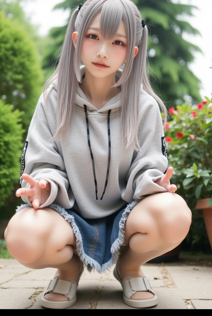 1girll),Squat on the ground to defecate,There is also feces and liquid on the ground,There are also liquids,Urine can be seen,大腿上There are also liquids,Between the legs facing the camera,Details can be seen on the inner thigh,(breast-feeding)()(),Conker,Moisturizes the skin,sweatyskin,Wavy white hair,Gray hair, gray hair,White hip-wrapped skirt