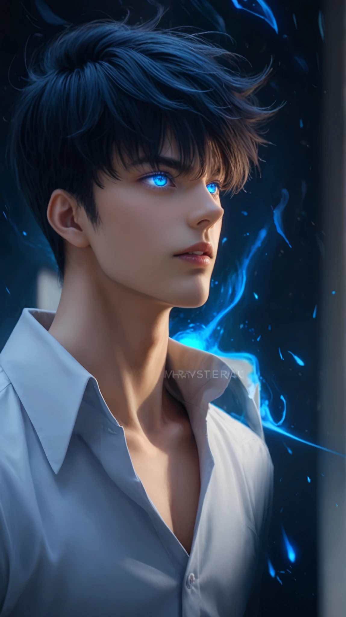 A highly detailed anime-style digital painting of Sung Jin-Woo (Solo Leveling) in a dramatic side profile. His sharp and well-defined facial features include a strong jawline, high cheekbones, and slightly parted lips as if speaking or commanding. His deep blue glowing eyes contrast with his jet-black tousled hair, which has individual strands and natural movement. He wears a sleek black open-collared shirt with visible fabric folds and realistic textures. Behind him, a dark shadowy entity with glowing blue eyes emerges, its form blending into the swirling abyss. The background is a dark abstract void with scattered glowing particles, embers, and streaks of blue energy. Cinematic lighting enhances the dramatic contrast, with reflections on his skin and a vibrant glow from his eyes. Ultra-detailed rendering, anime-accurate face, hyper-realistic textures, cinematic mood, high-end illustration, concept art level, masterpiece quality