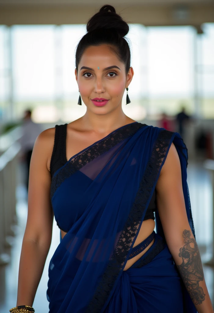 Masterpiece, ultra hd, 4k, high resolution detail, classroom background detailed, perfect lighting, sunset, 1 lady, solo shot, A ponytail lady,beautiful face detailed, eyes detailed, lips detailed, slender toned body, (thick thigh), (medium droopy breast), (rounded hips), (thick ass), perfect proportion and shape, seductive pose, back view, look at camera, fear face detailed, (long sleeve tight white-blouse tucked in), ((tight blue pastel-shiny formal trouser)), dark skin , fair skin, ((glasses)), ((white shirt)), ((closed white hijab))
