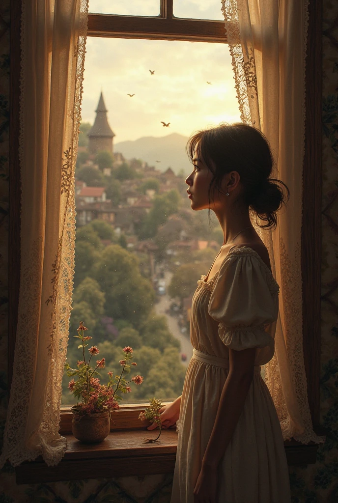 PA7_Photo, Capture a scene of quiet solitude as the female subject sits by a window, gazing out at the world beyond the Sanitarium, her expression unreadable, bathed in the soft, cool light of dusk, George Cruikshank style illustration, (best-quality, masterpiece, photo-realistic)1.2