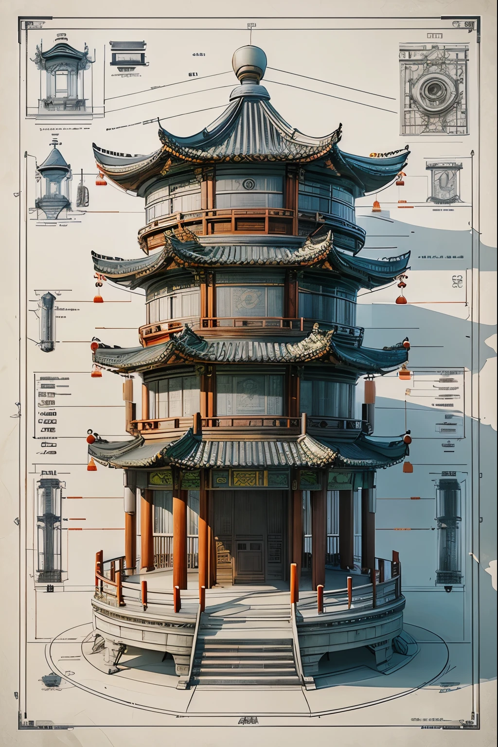 blueprint,Chinese_architecture, Simple_background, rest_separate