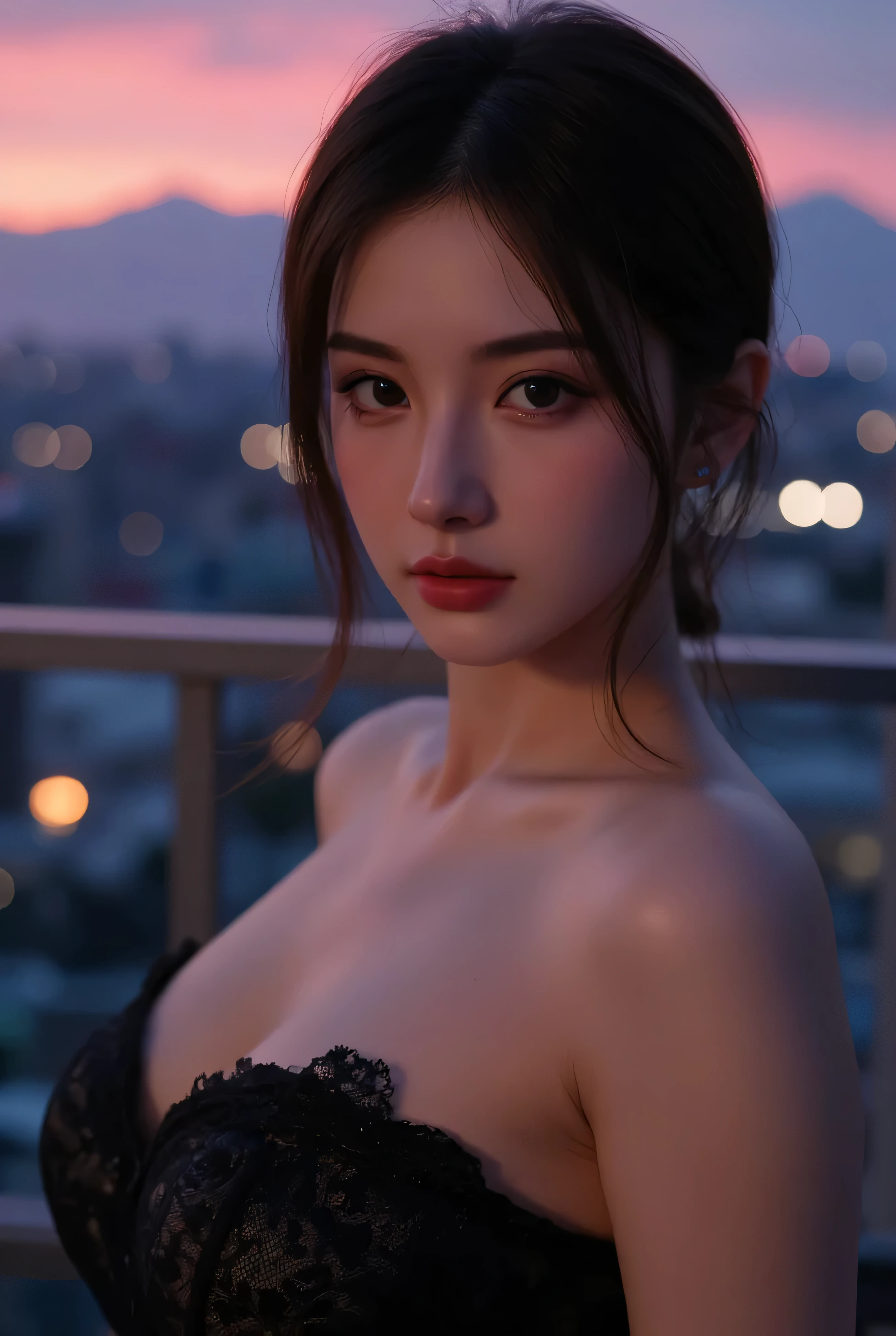 (best quality,4k,8k,highres,masterpiece:1.2),ultra-detailed,(realistic,photorealistic,photo-realistic:1.37),portrait,night scene,skyscraper,modern apartment,city view,sexy woman,green shirt,long sleeves,cleavage,collarbone,glasses,brown hair,purple eyes,single braid,yellow hair ornament,young female,beautiful fingers,long legs,beautiful body,beautiful nose,character design,perfect eyes,perfect face,expressive eyes,looking at viewer,center of the image,upper body,focusing on her face,large breasts,narrow waist,city night time,amazing,evening,fantasy,neon lights,dramatic shadows,vibrant colors,reflections,ambient lighting,moody atmosphere.