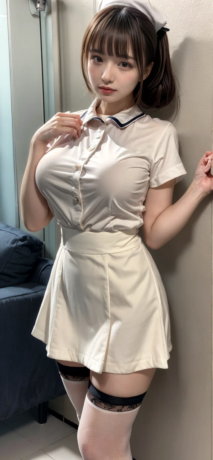 Wearing an apron、long sleeve nursery teacher clothes、a smile、shorth hair、huge tit、big breasts、masuter piece, best qualtiy, ((Real Model Shots)), 8K picture quality, ((1 persons)), extremely delicate and beautiful, magnifica, Official art with attention to detail, (28 year old cute girl), (Petite and pretty girl), (Nordic beauty), ((Perfect female figure)), large full breasts, Transparent atmosphere、Beautiful face、Gradient lighting、1girl in、Delicate skin、Look into the distance、brown eyes big ass, Black hair, (((cute long sleeve nursery school clothes))), ,